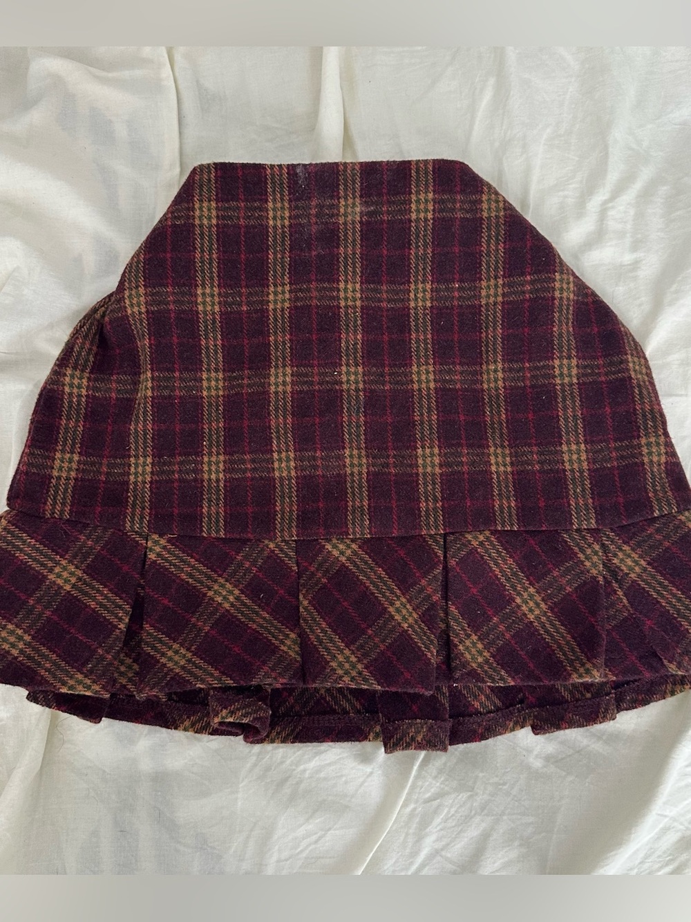 Wool-Blend Plaid Burgundy A-Line Pleated Mini Skirt